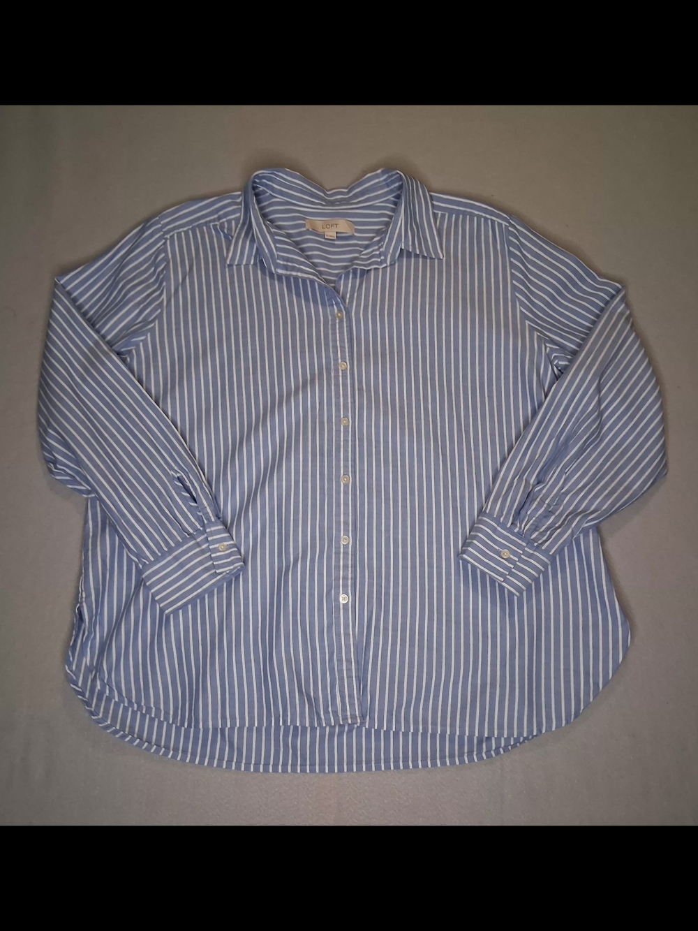 LOFT Blue White Striped Button Front Shirt XL 100% Cotton Oversized Casual Caree - Picture 5 of 8